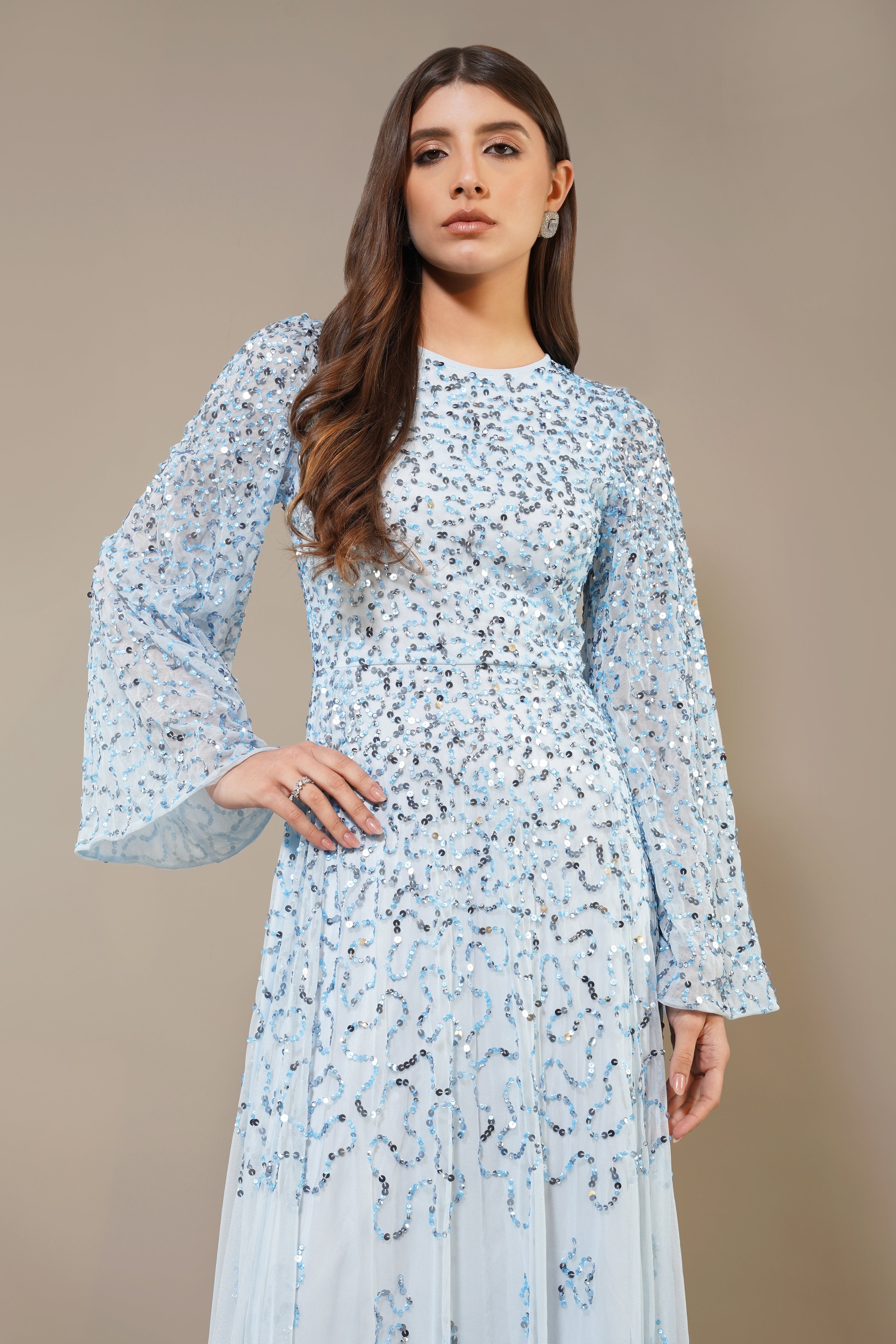Sloane Long Sleeve Embellished Maxi Dress in Sky Blue