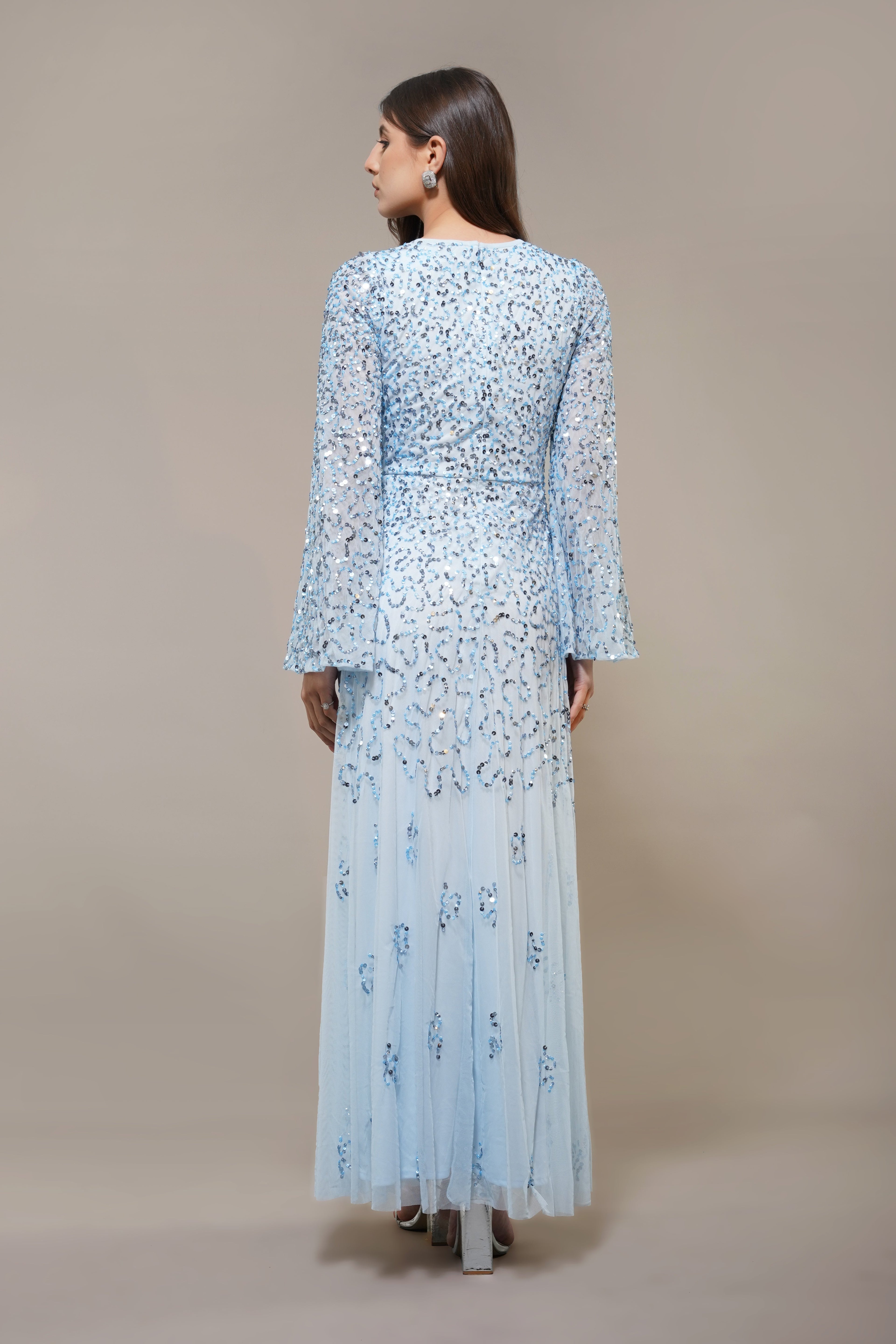 Sloane Long Sleeve Embellished Maxi Dress in Sky Blue