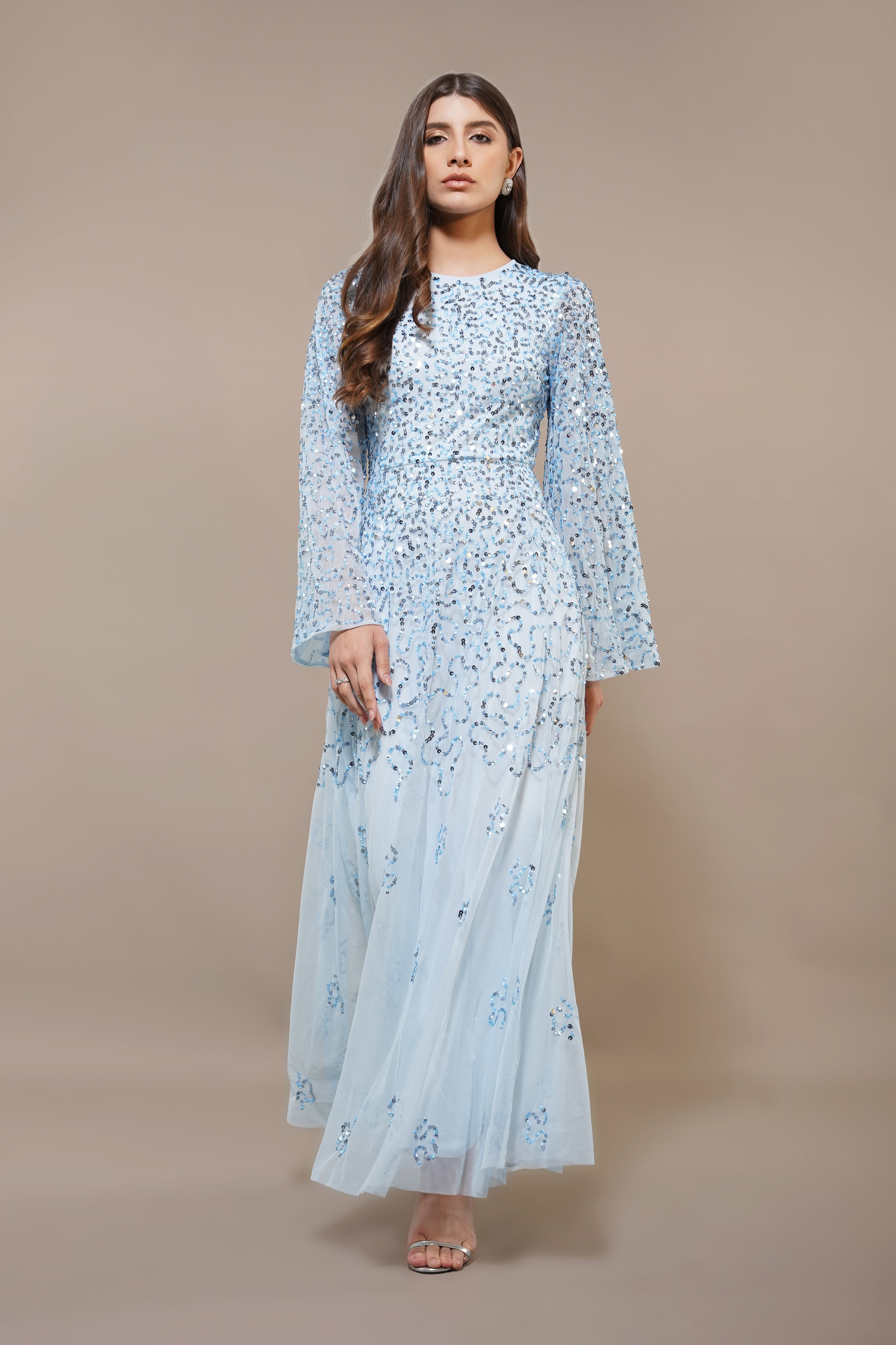 Sloane Long Sleeve Embellished Maxi Dress in Sky Blue