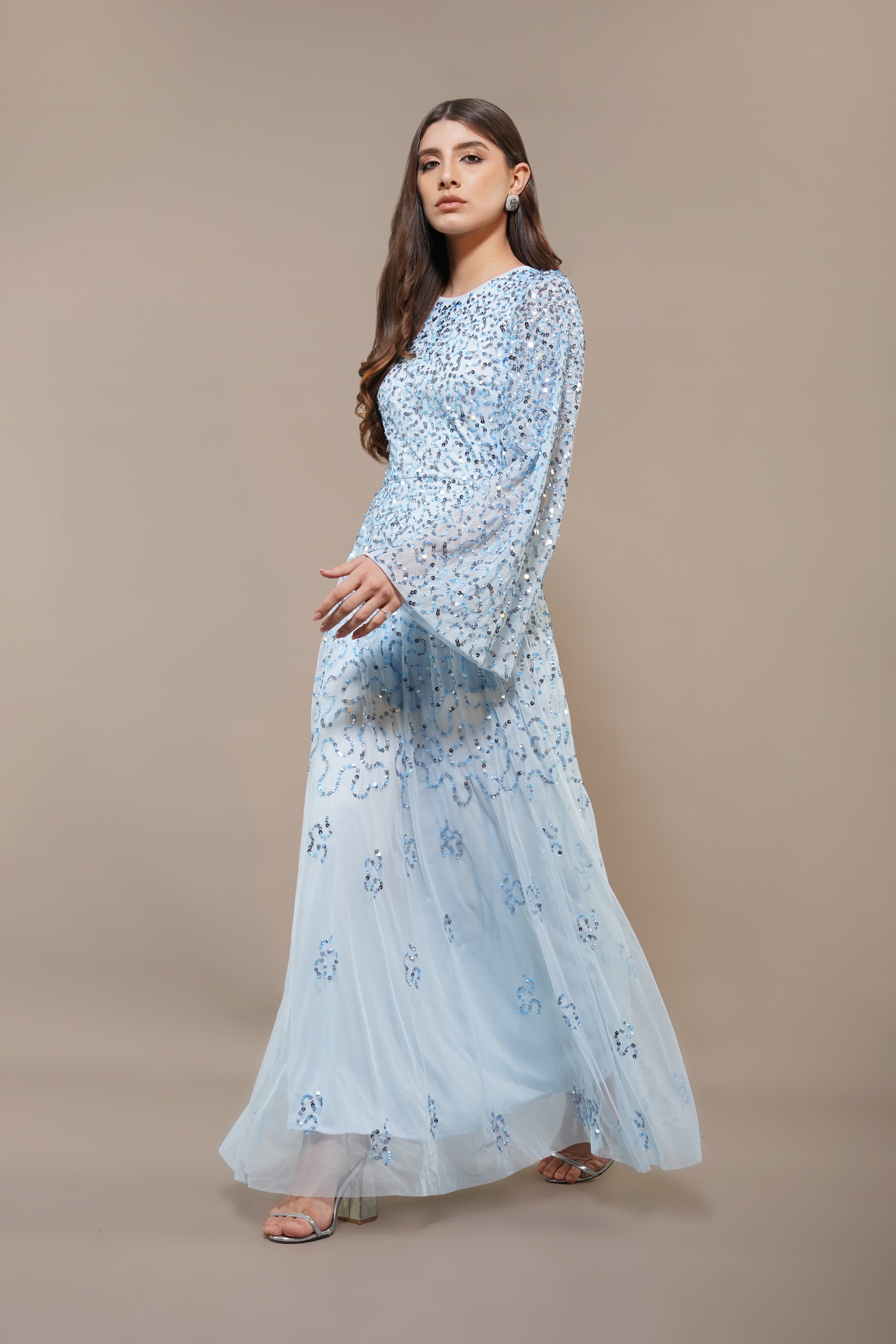 Sloane Long Sleeve Embellished Maxi Dress in Sky Blue
