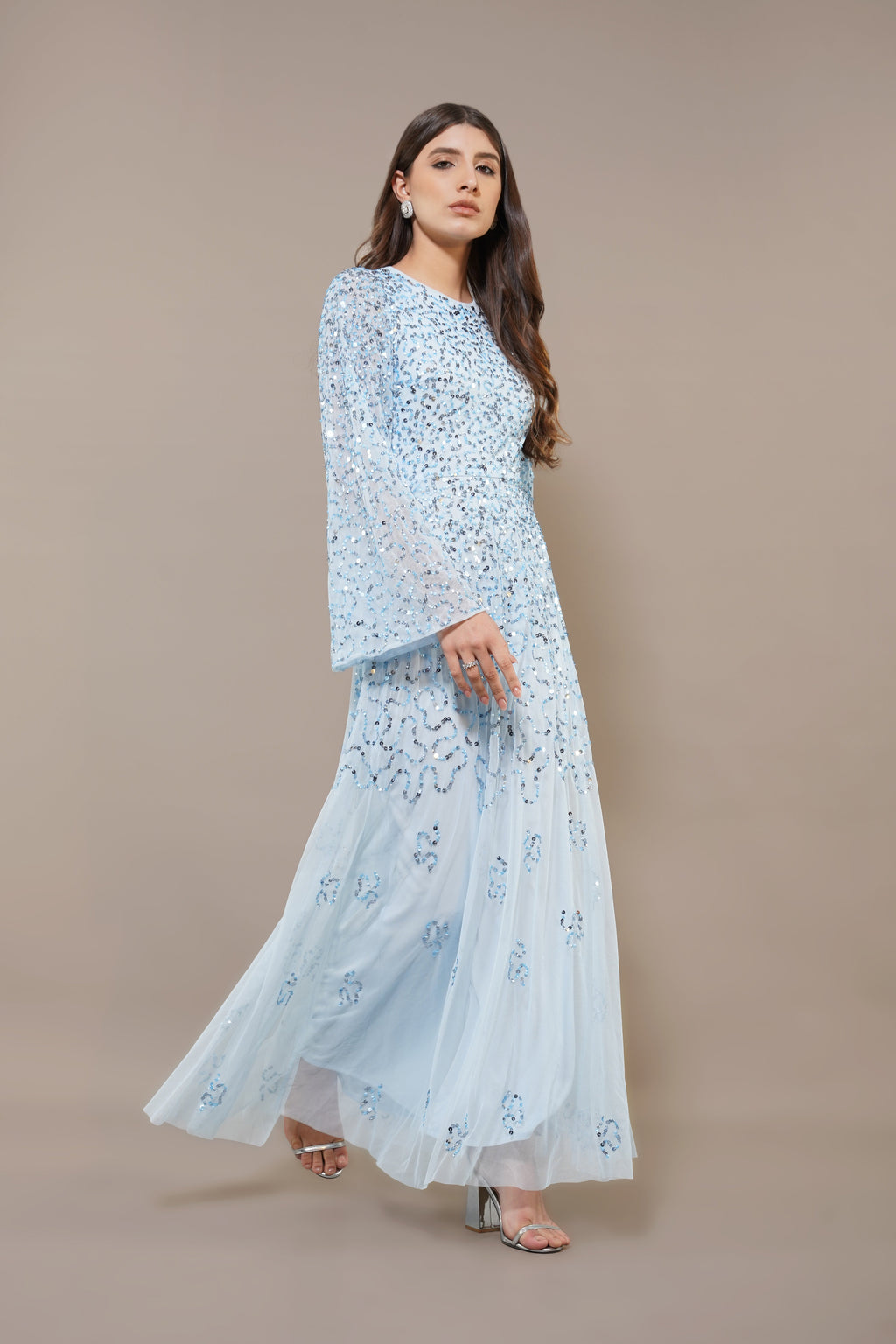 Sloane Long Sleeve Embellished Maxi Dress in Sky Blue