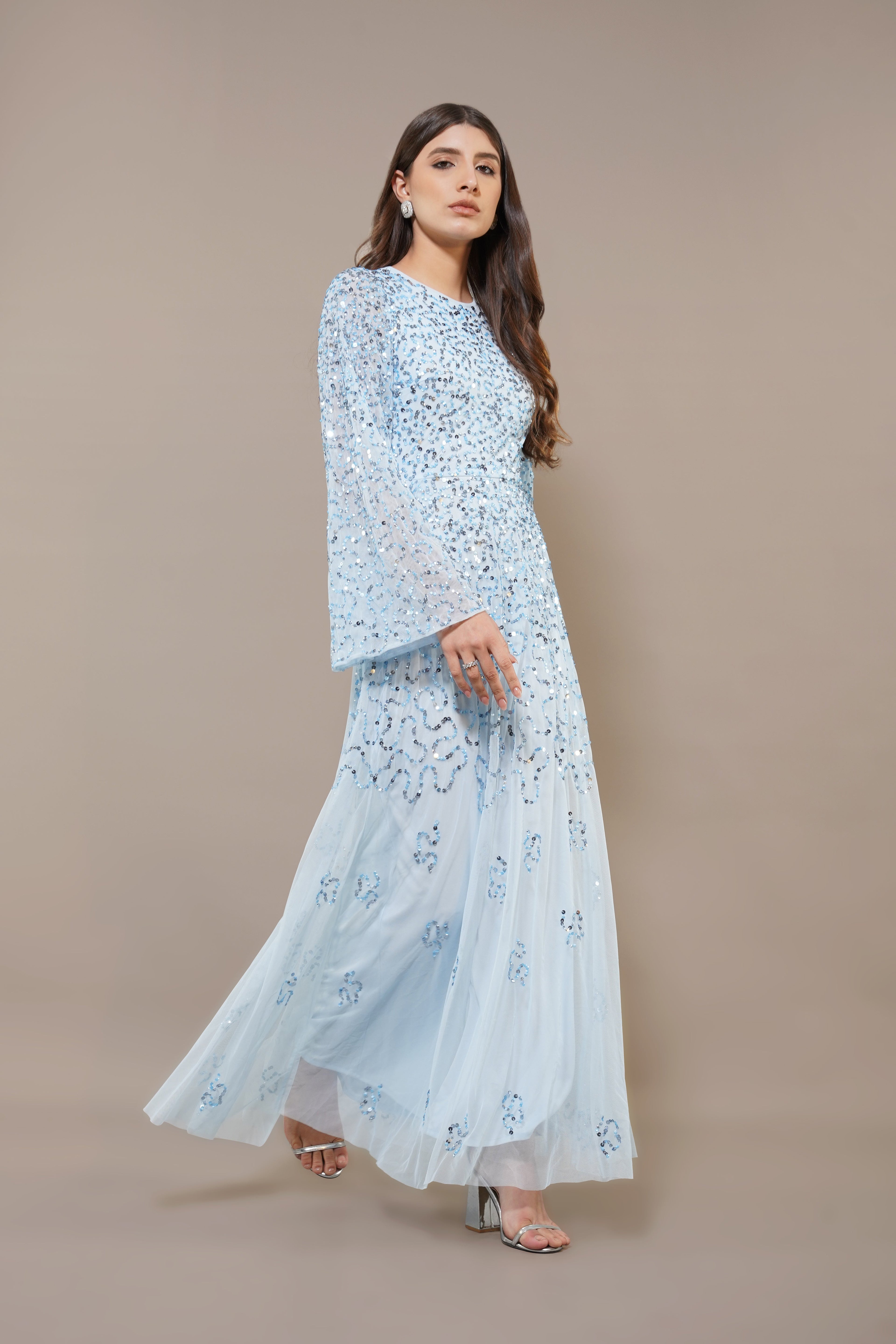 Sloane Long Sleeve Embellished Maxi Dress in Sky Blue