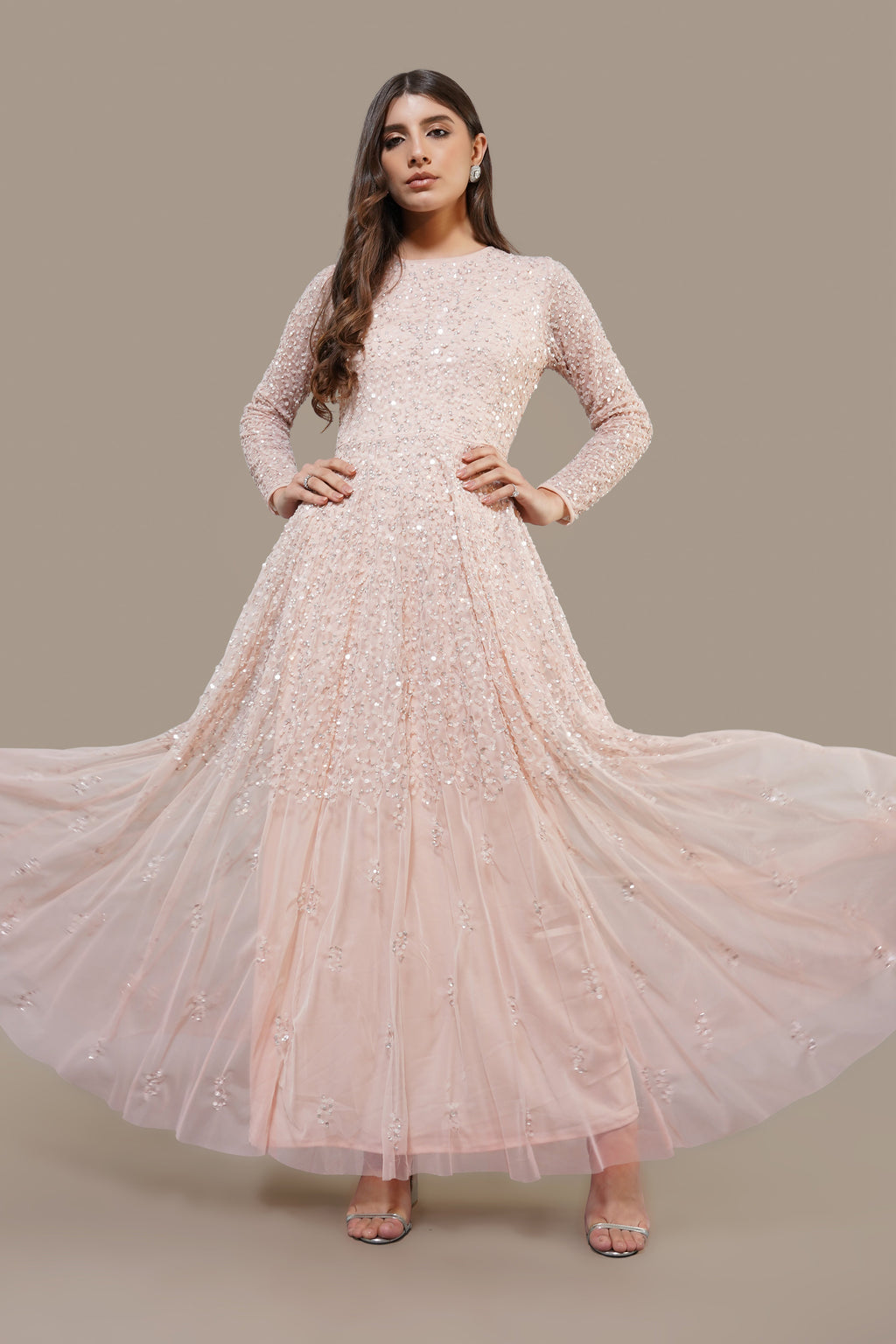 Sila Long Sleeve Embellished Maxi Dress in Blush Pink