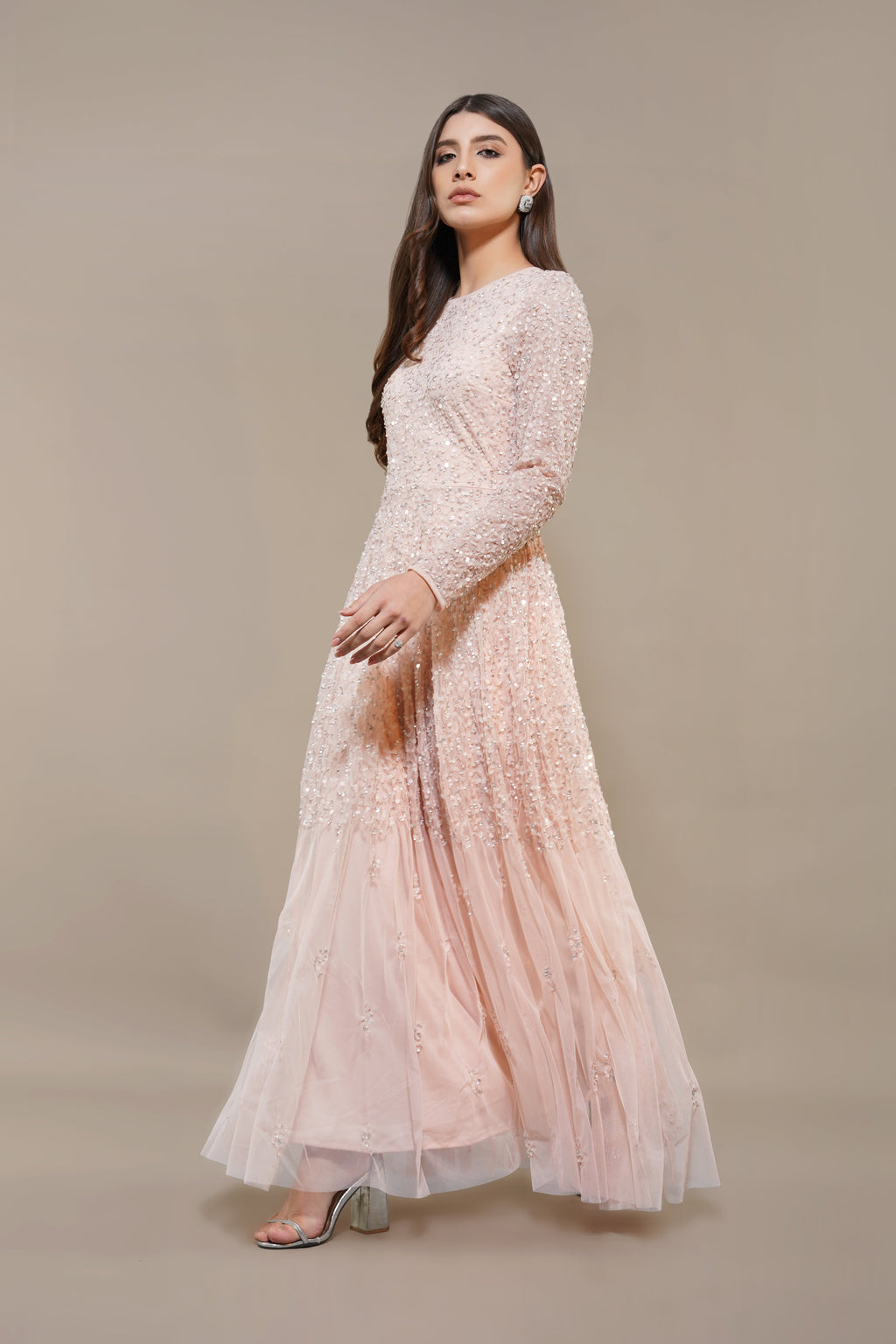Sila Long Sleeve Embellished Maxi Dress in Blush Pink