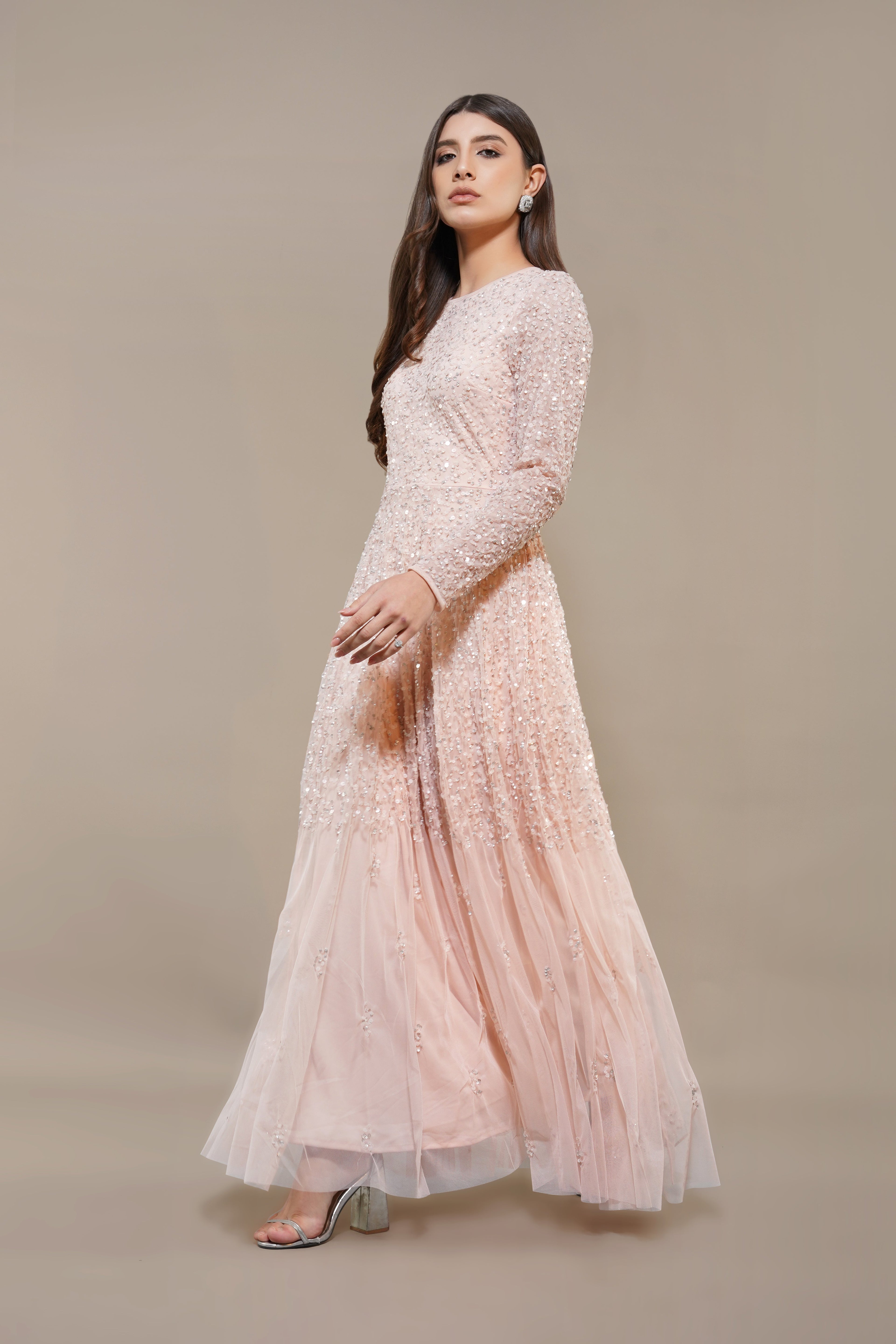 Sila Long Sleeve Embellished Maxi Dress in Blush Pink