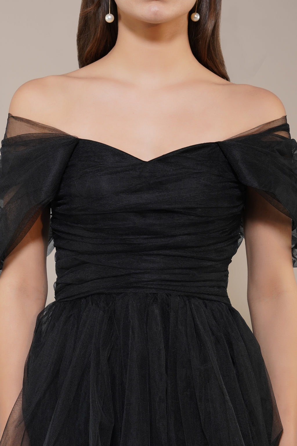 Sydney Off Shoulder Tulle Maxi Dress in Black