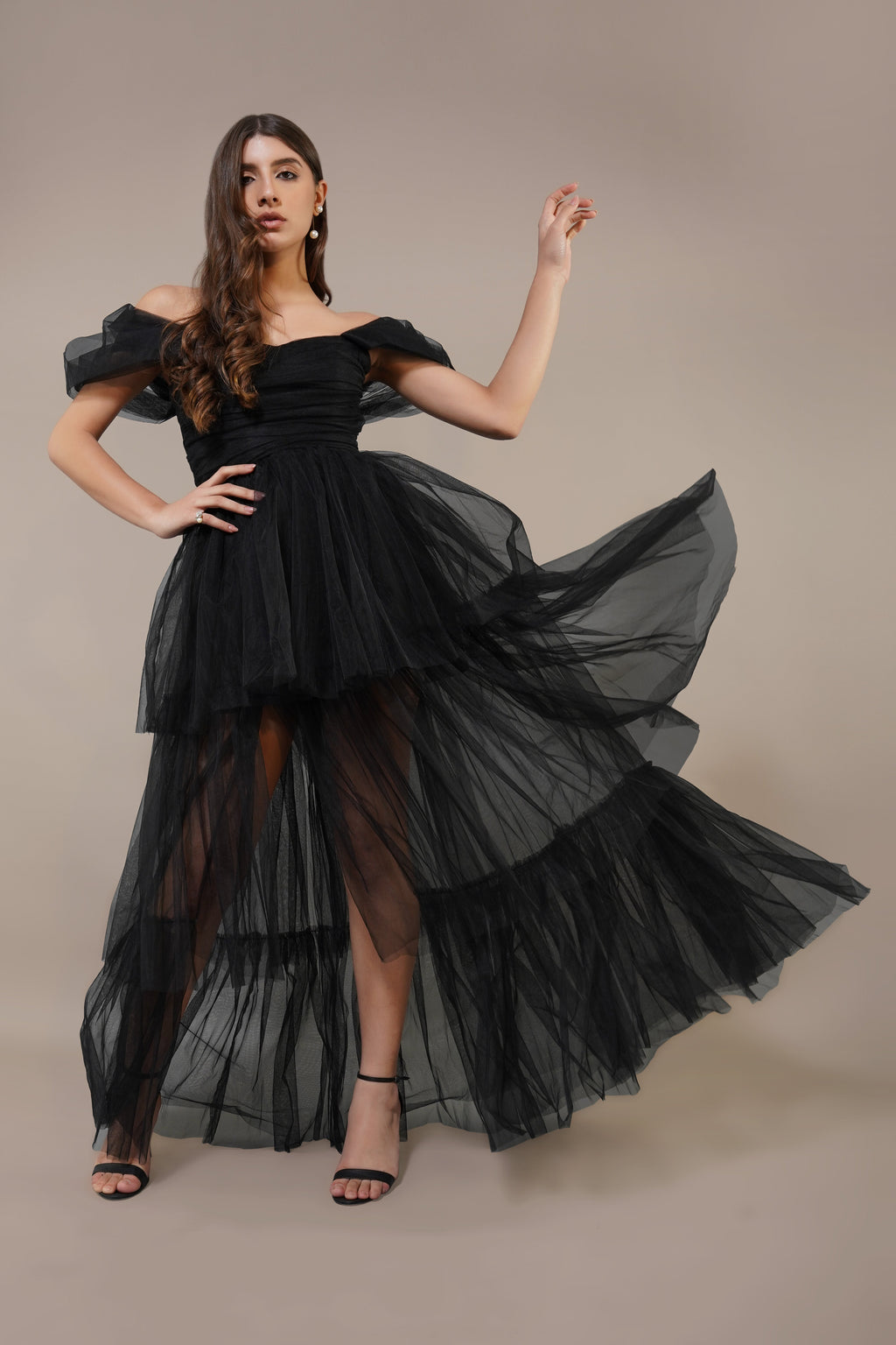Sydney Off Shoulder Tulle Maxi Dress in Black
