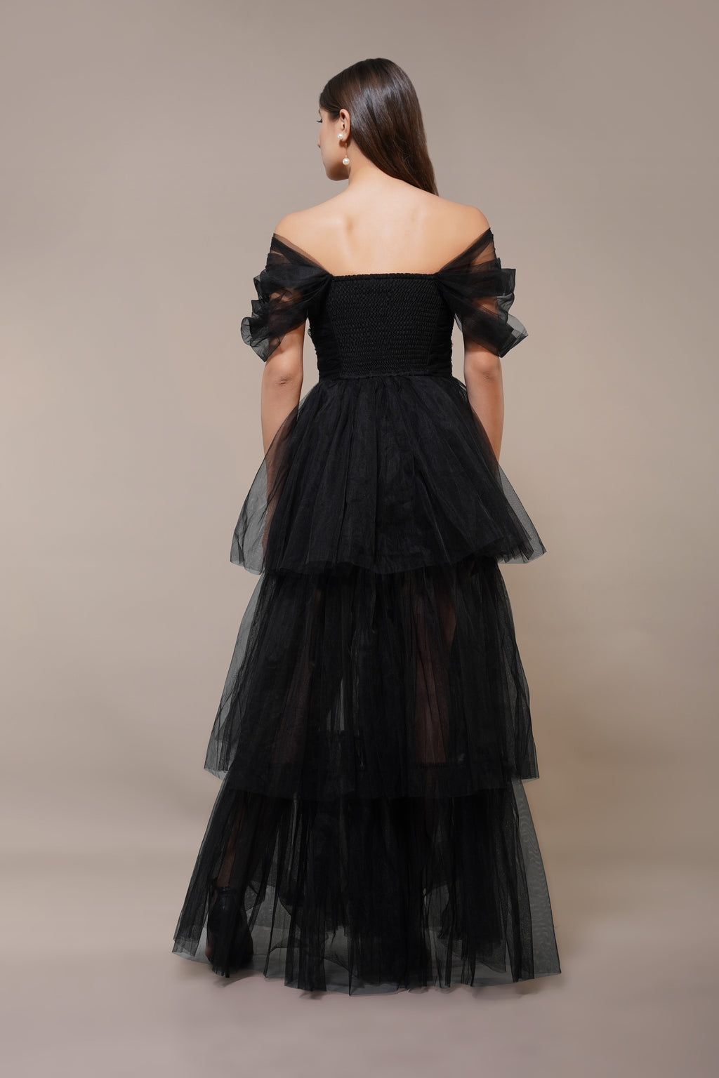 Sydney Off Shoulder Tulle Maxi Dress in Black