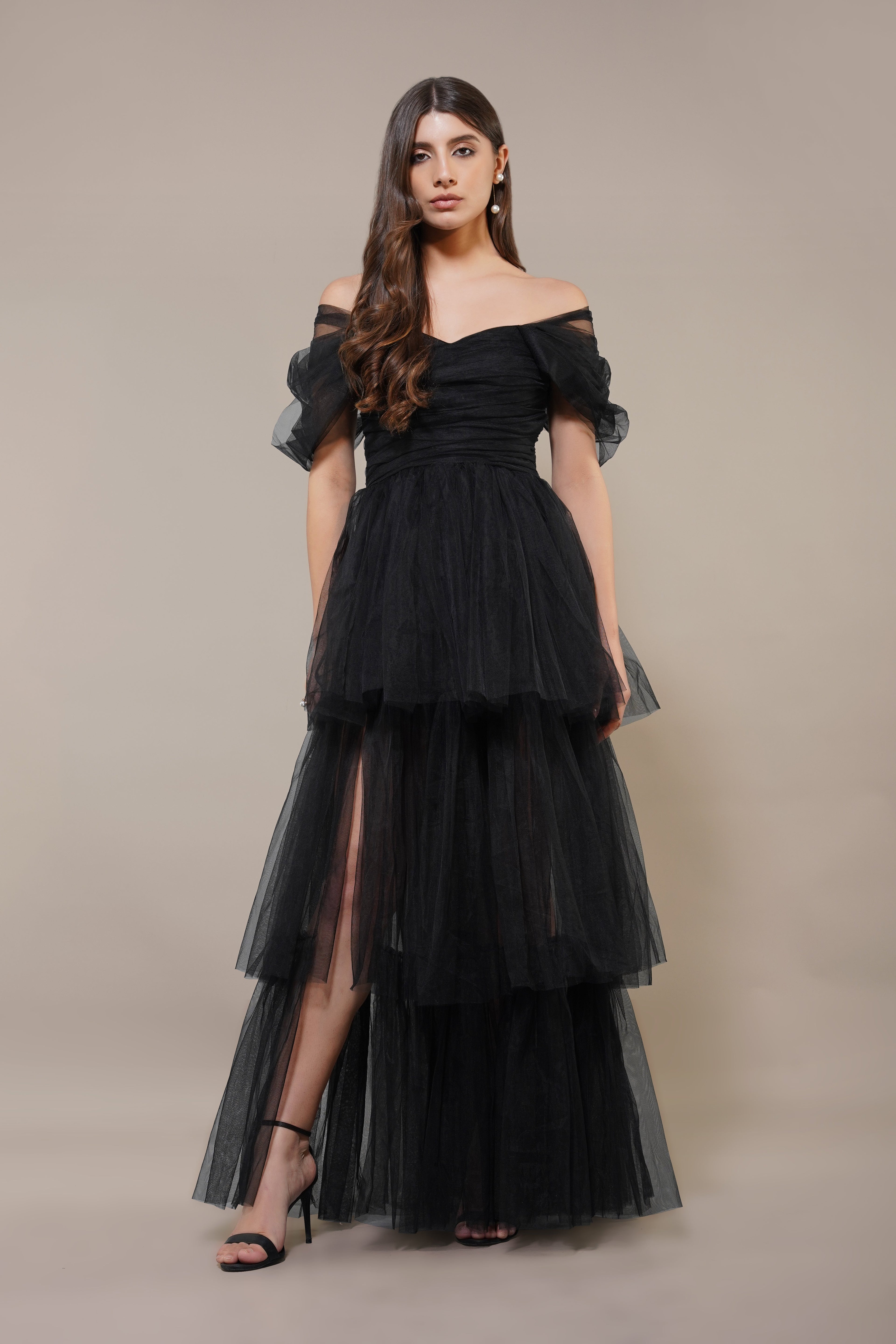 Sydney Off Shoulder Tulle Maxi Dress in Black