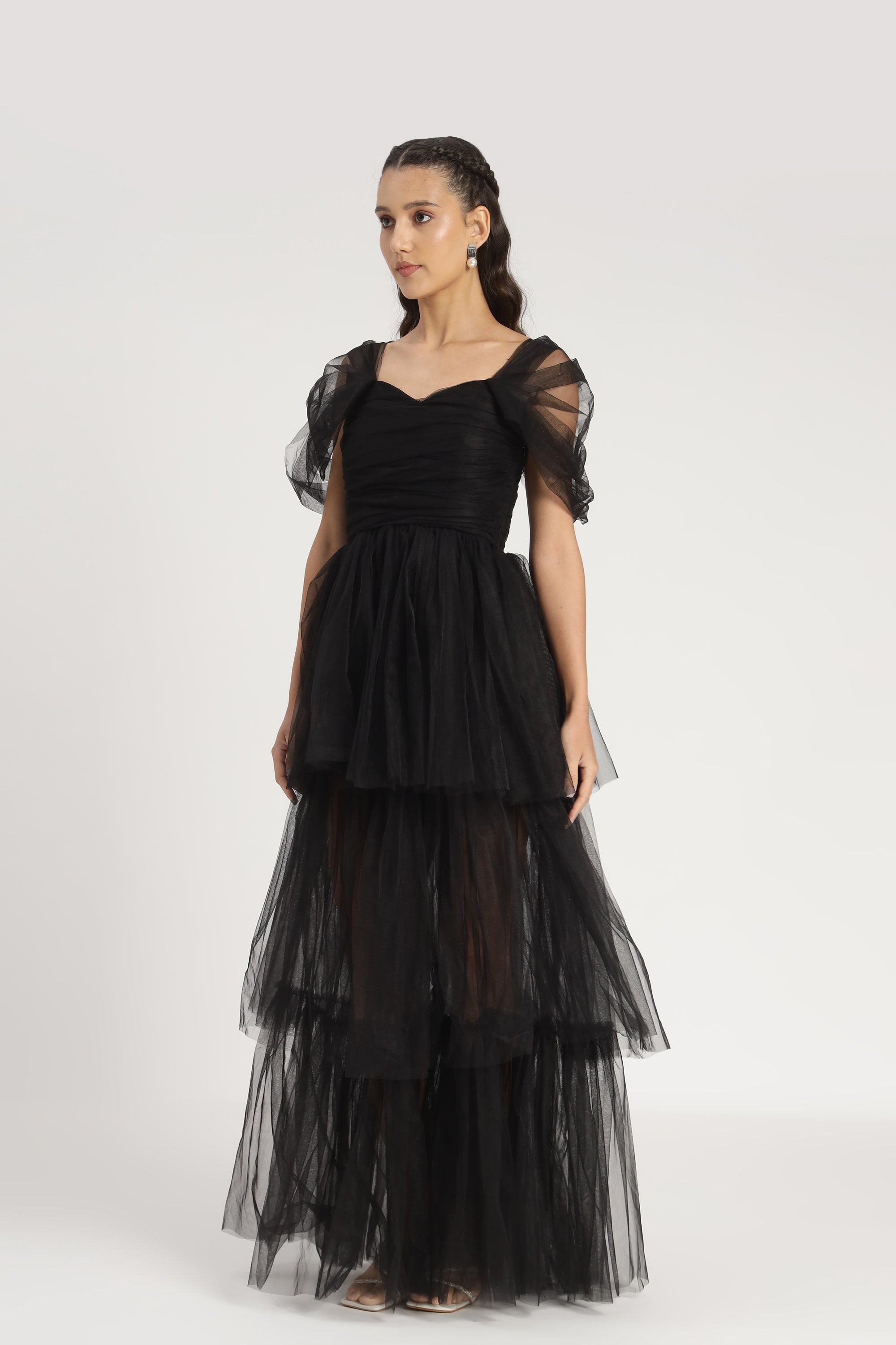 Sydney Off Shoulder Tulle Maxi Dress in Black
