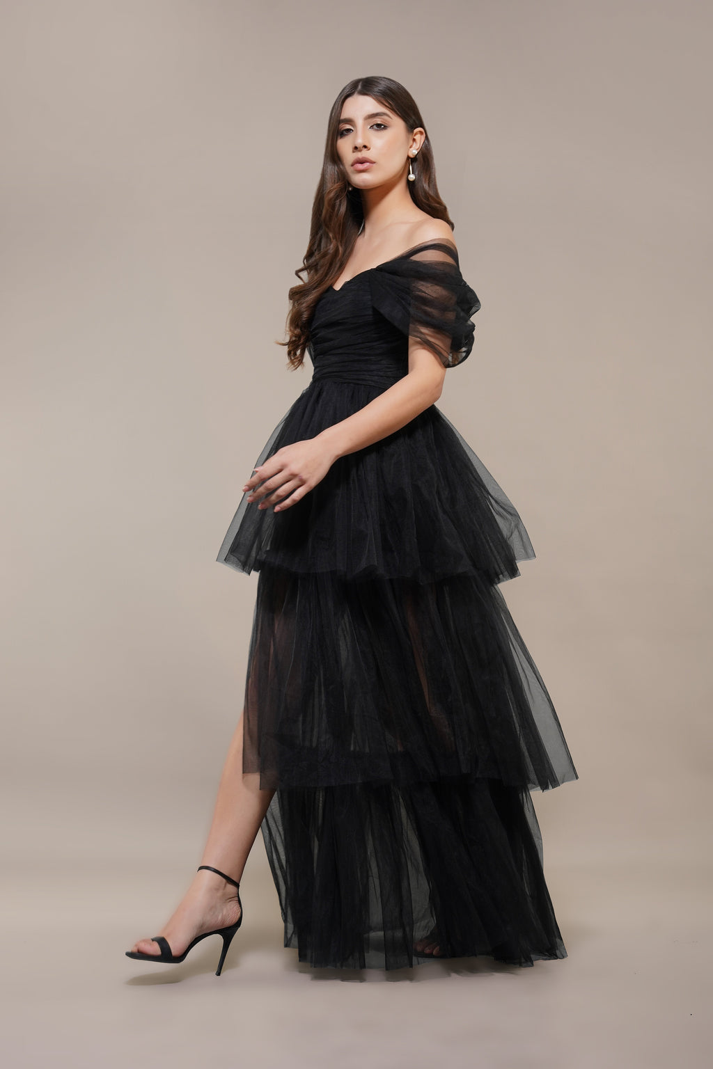 Sydney Off Shoulder Tulle Maxi Dress in Black